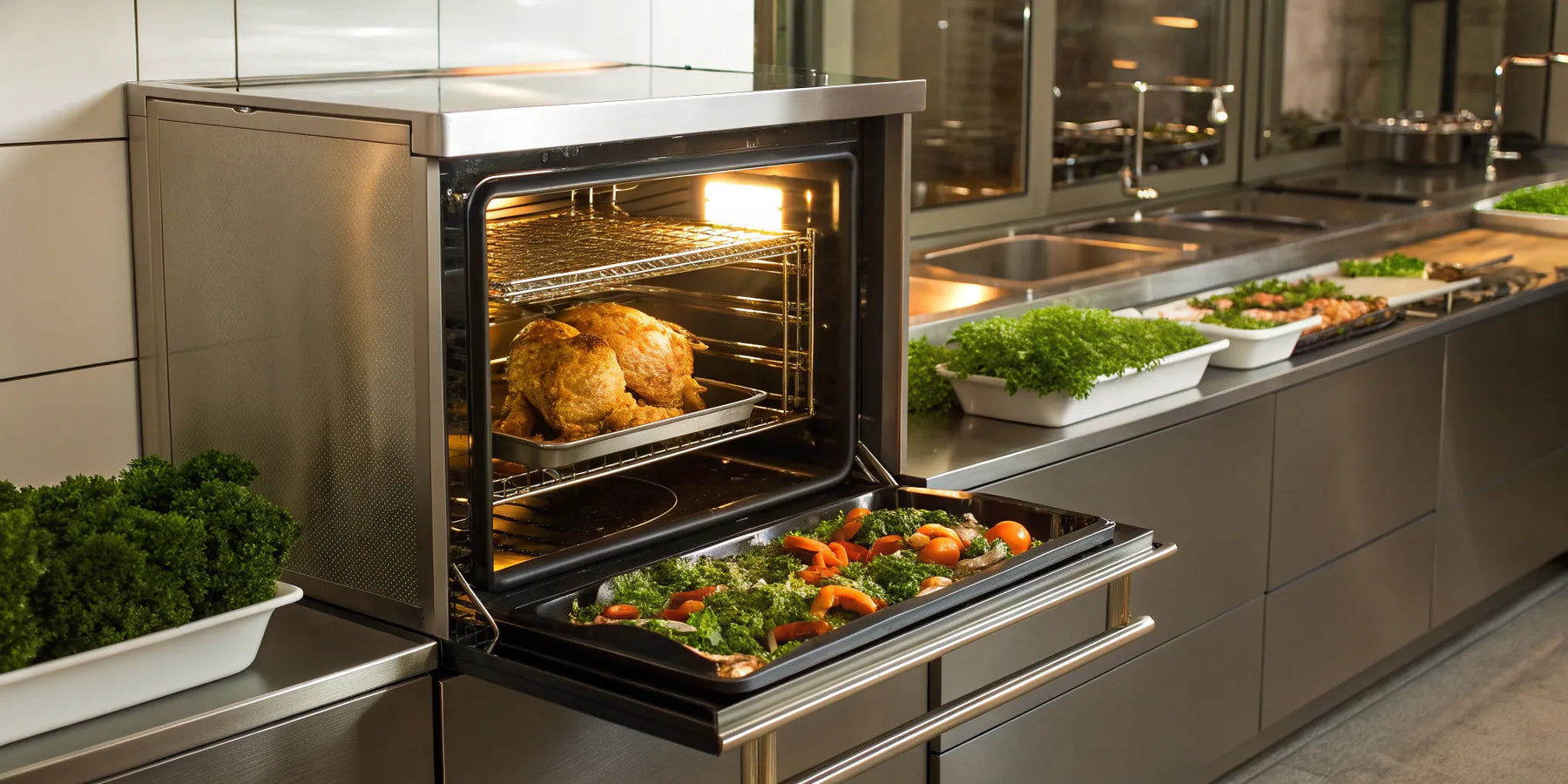Commercial combination oven baking chicken and vegetables.