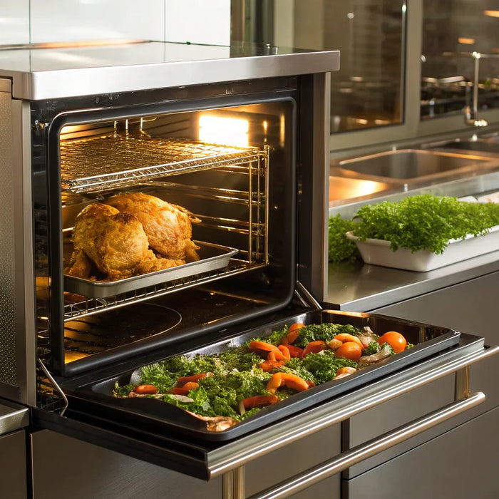 Commercial combination oven baking chicken and vegetables.