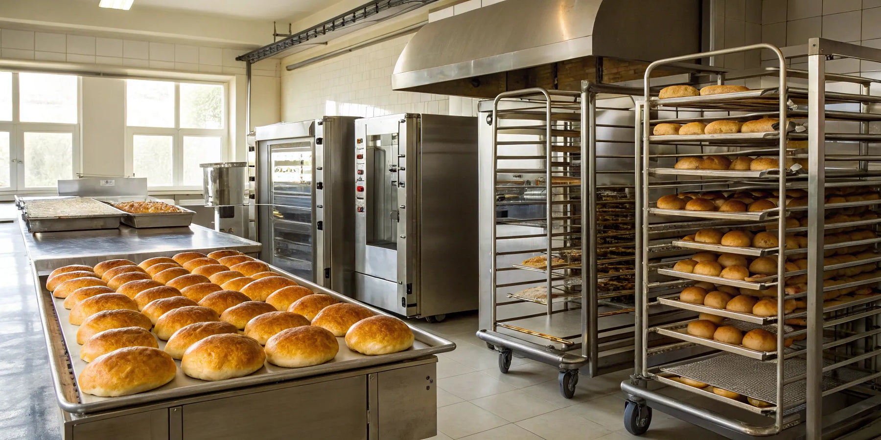 Commercial bakery equipment: mixers, ovens, and refrigeration units.