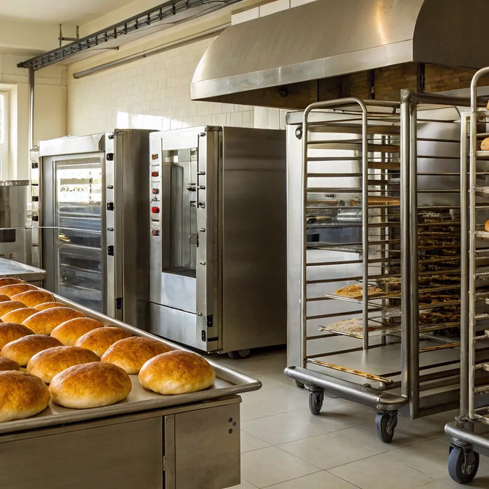 Commercial bakery equipment: mixers, ovens, and refrigeration units.