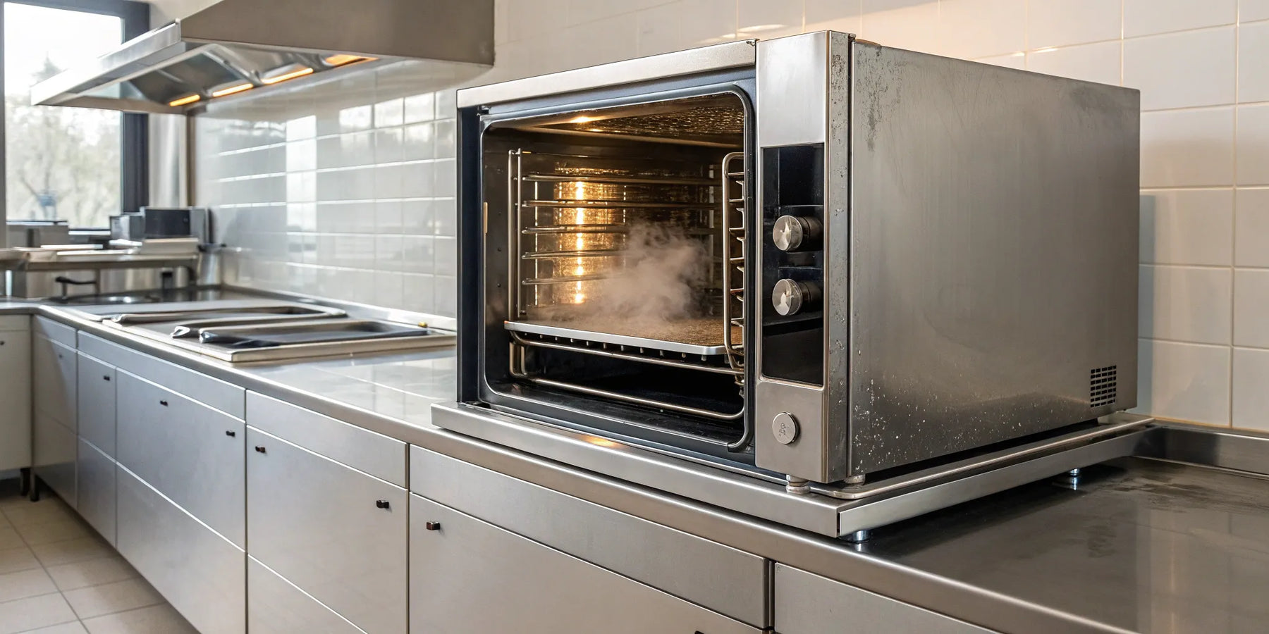 A stainless steel commercial combi oven in a professional kitchen.