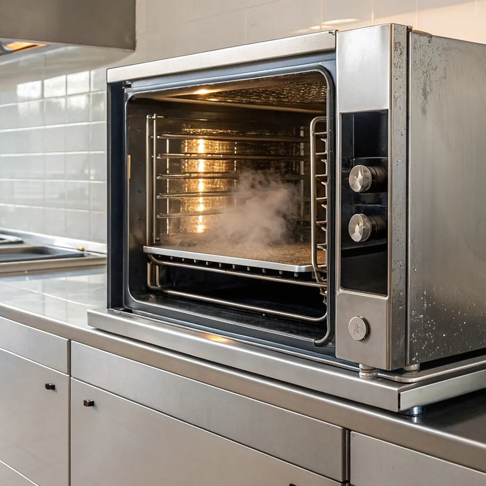 A stainless steel commercial combi oven in a professional kitchen.