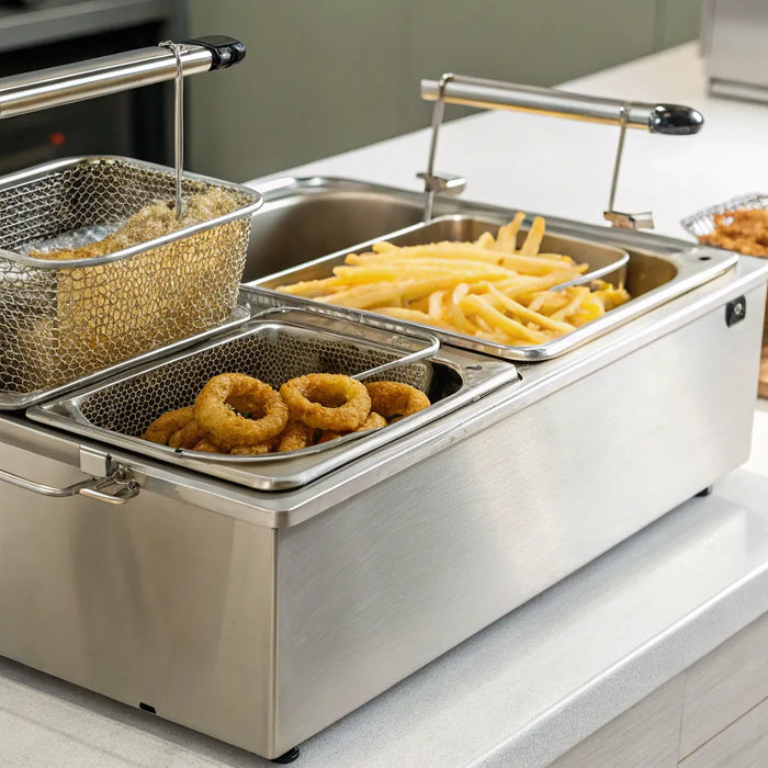 Commercial deep fryer cooking french fries and onion rings.