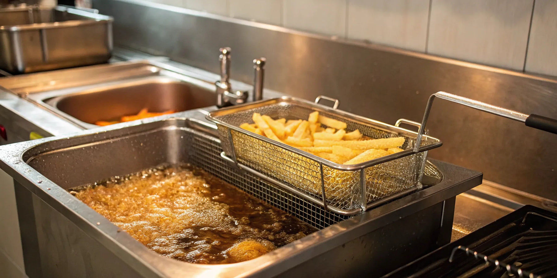 Commercial deep fryer basket of fries.