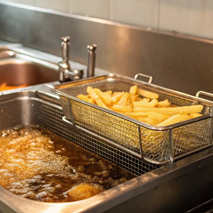 Commercial deep fryer basket of fries.