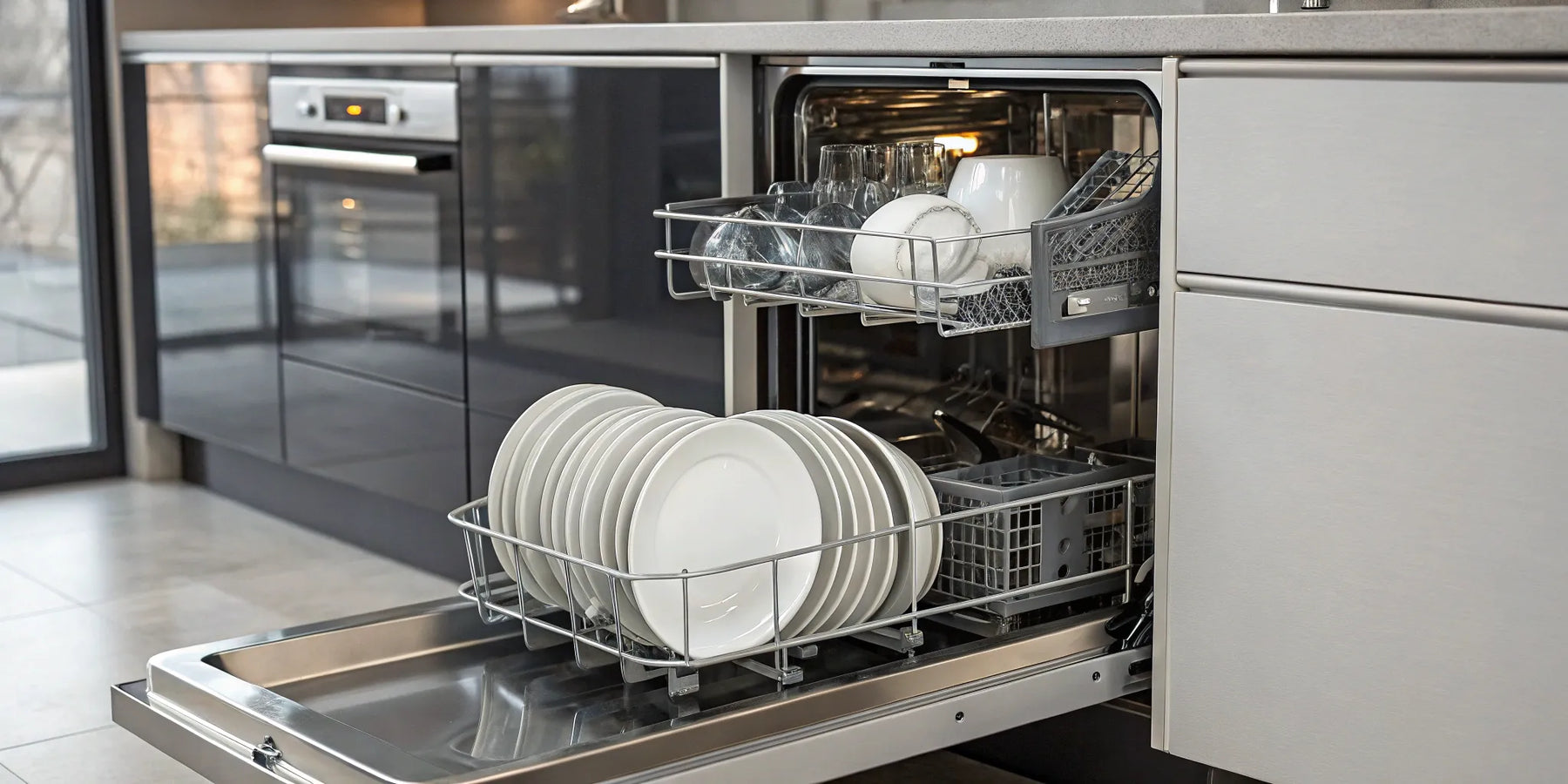A stainless steel commercial dishwasher for sale in a restaurant kitchen with racks of clean dishes.
