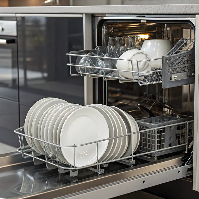 A stainless steel commercial dishwasher for sale in a restaurant kitchen with racks of clean dishes.