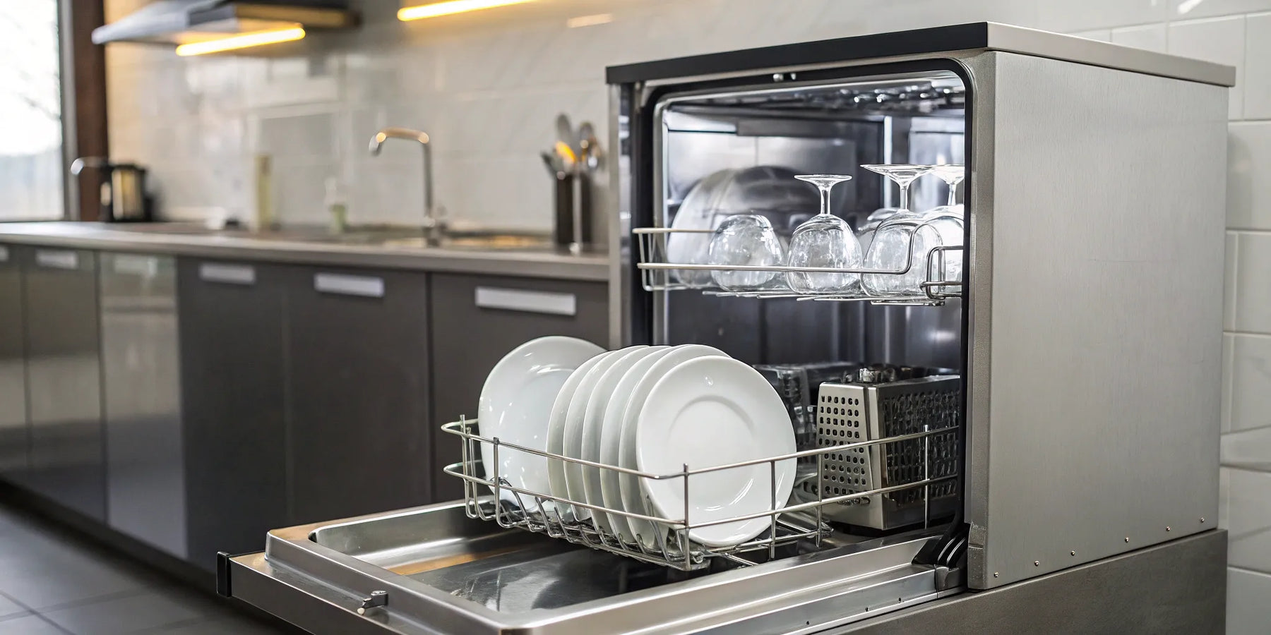 Clean dishes and glasses in an open commercial dishwasher.