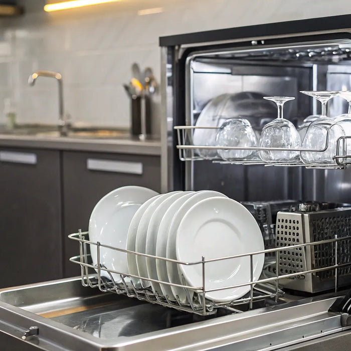 Clean dishes and glasses in an open commercial dishwasher.