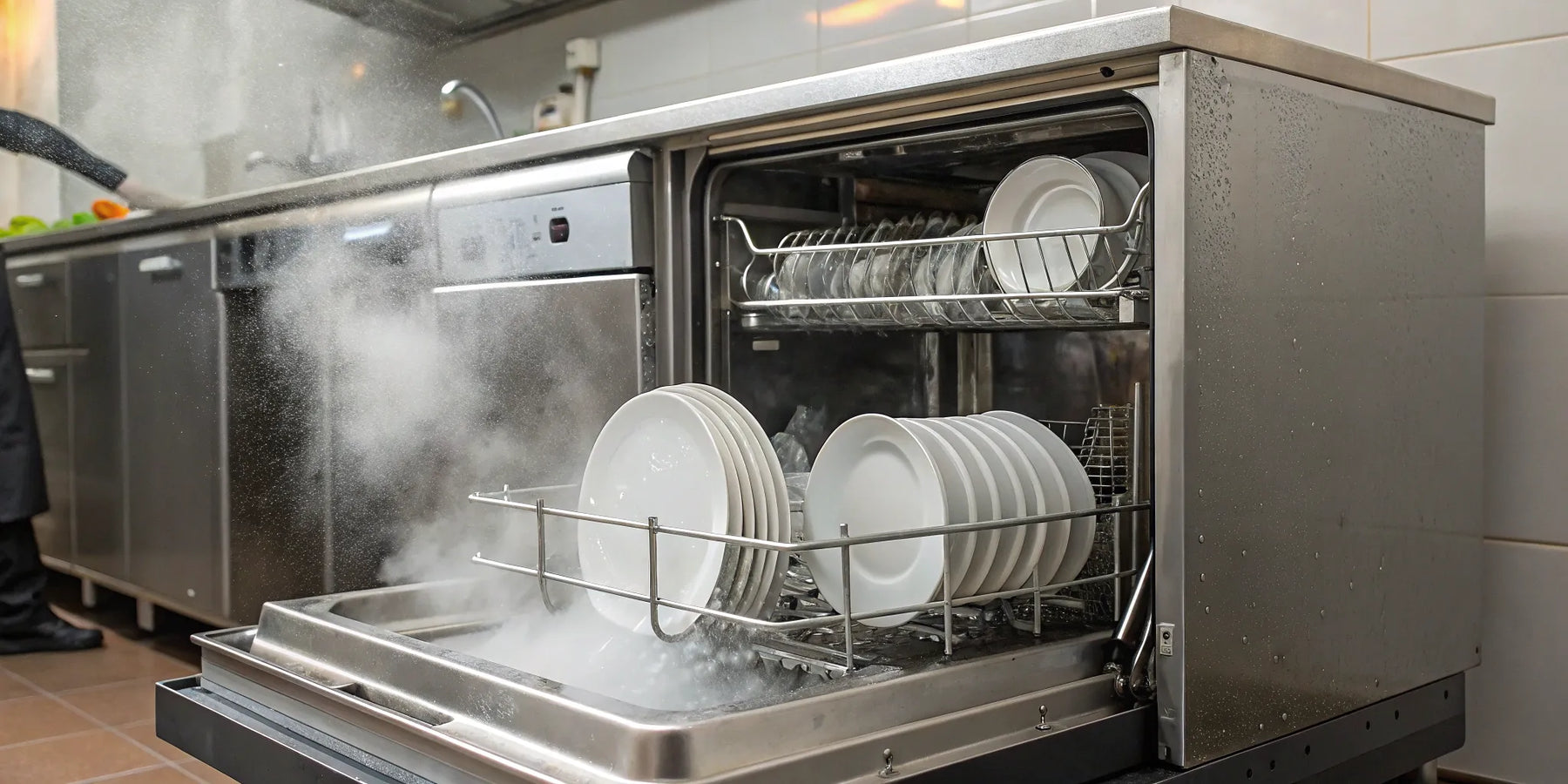 Clean dishes in a commercial dishwasher.