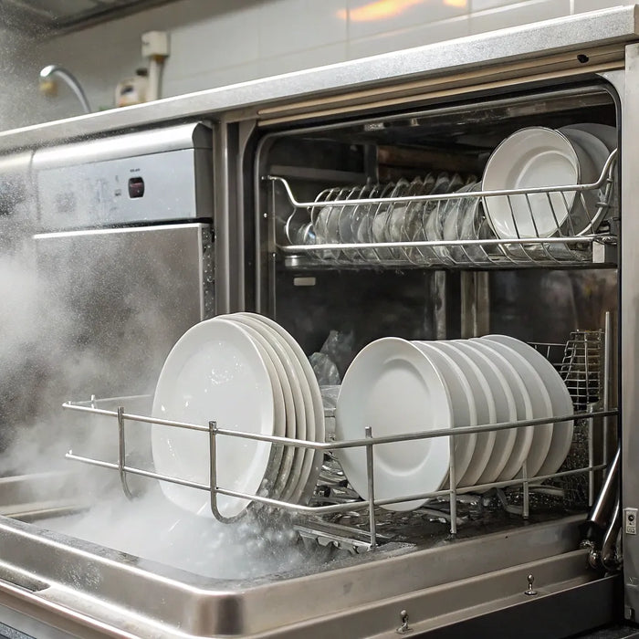 Clean dishes in a commercial dishwasher.