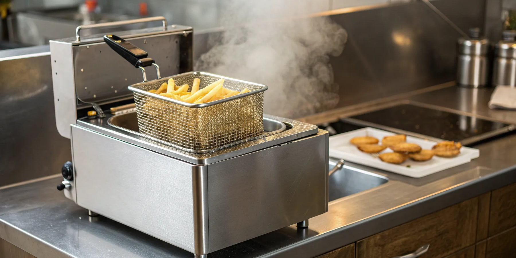 A commercial electric deep fryer cooking a basket of golden french fries in a restaurant kitchen.