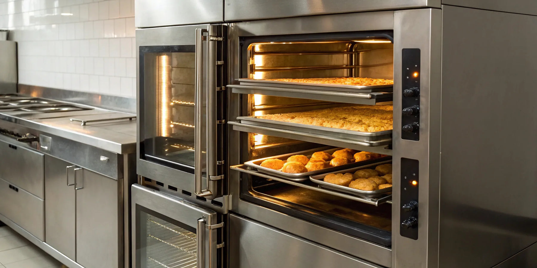 Shiny commercial electric oven baking trays of goods.