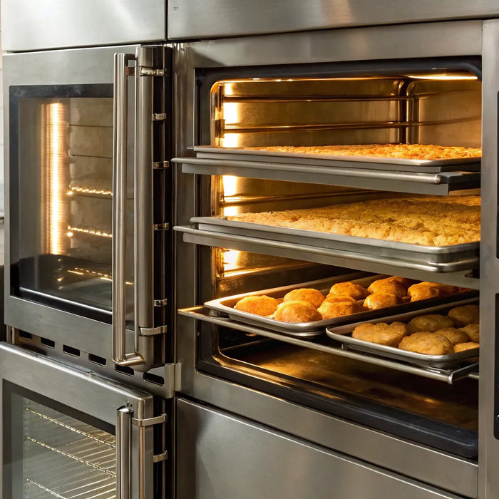 Shiny commercial electric oven baking trays of goods.