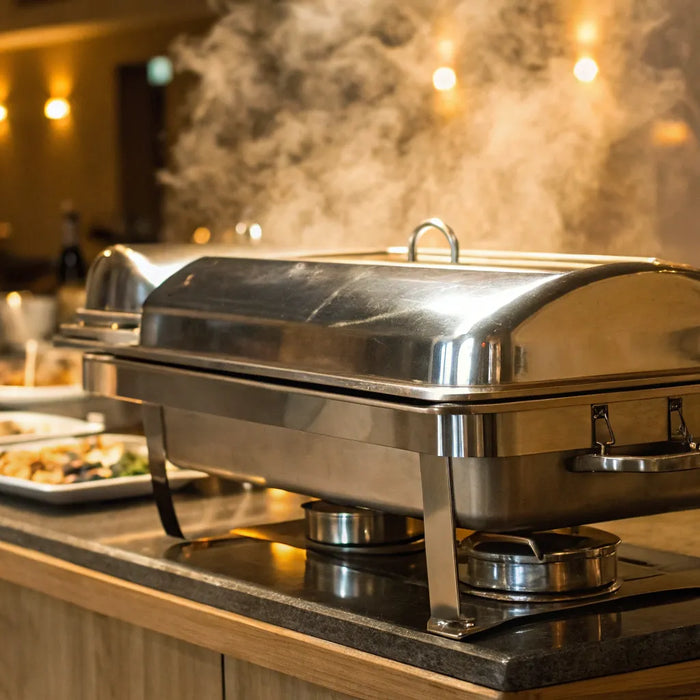 Commercial food warmer maintains optimal temperature for buffet service.
