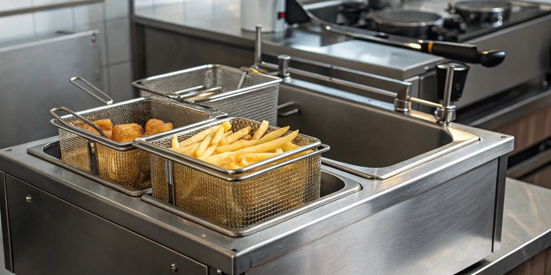 Commercial fryer with baskets of fried food.