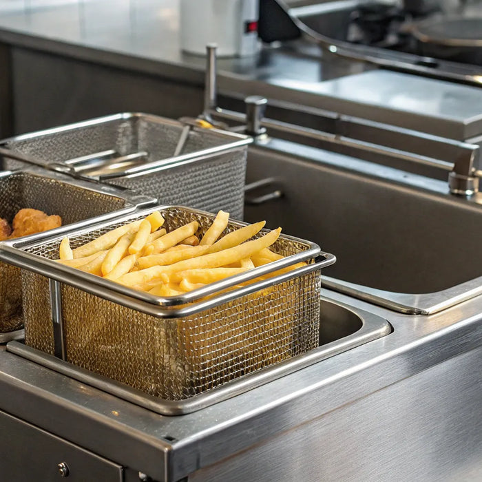 Commercial fryer with baskets of fried food.