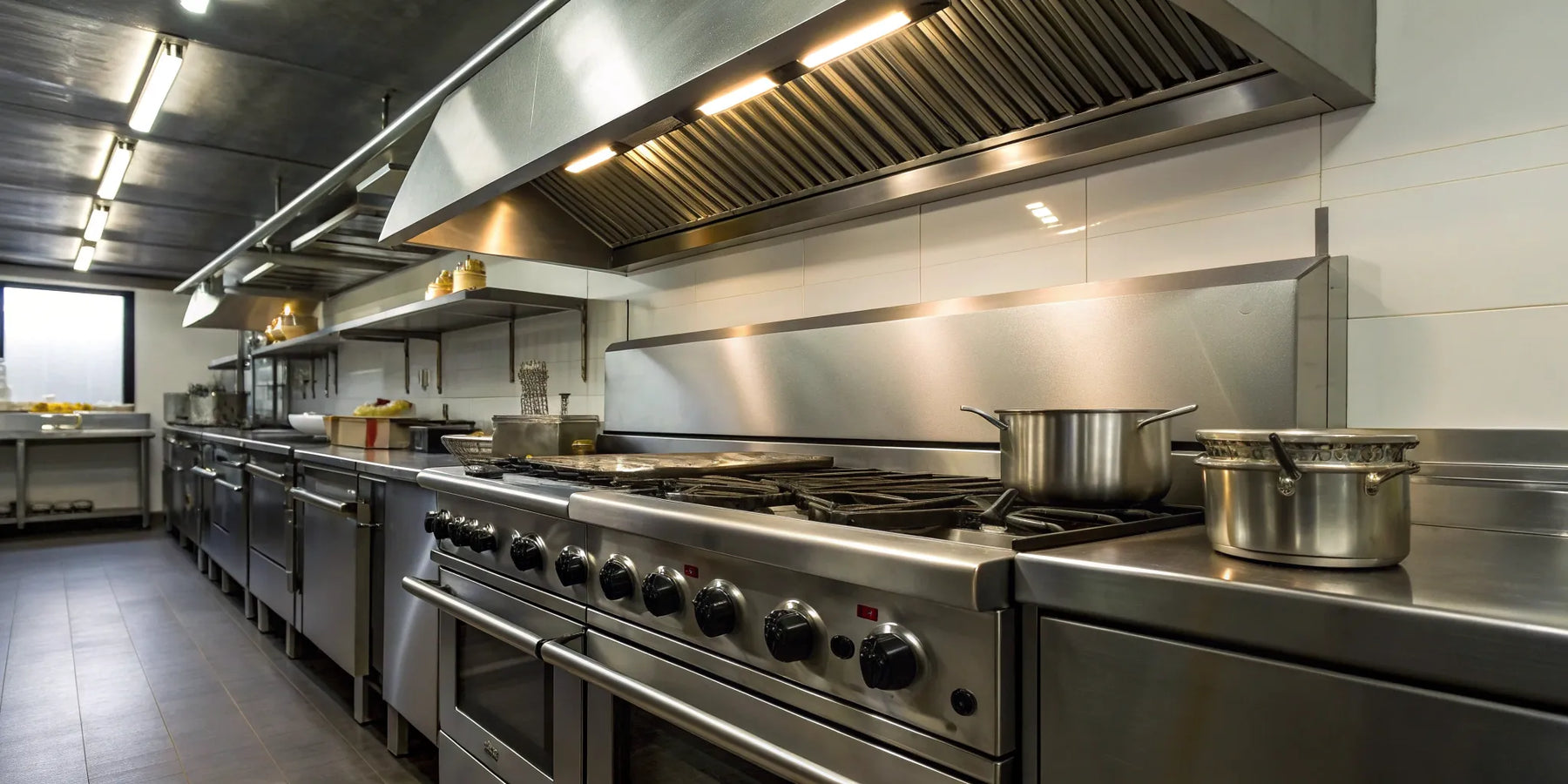 A commercial gas range with multiple burners and an oven, installed in a restaurant kitchen.