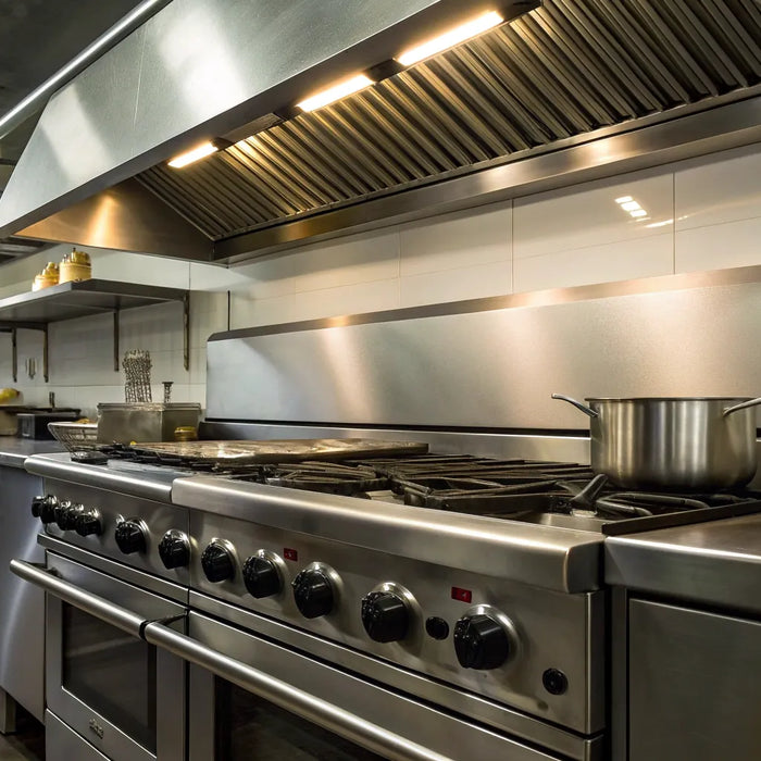 Commercial gas range complete buyers guide hero, Atosa AGR 6 burner gas range with standard oven base on stainless cookline