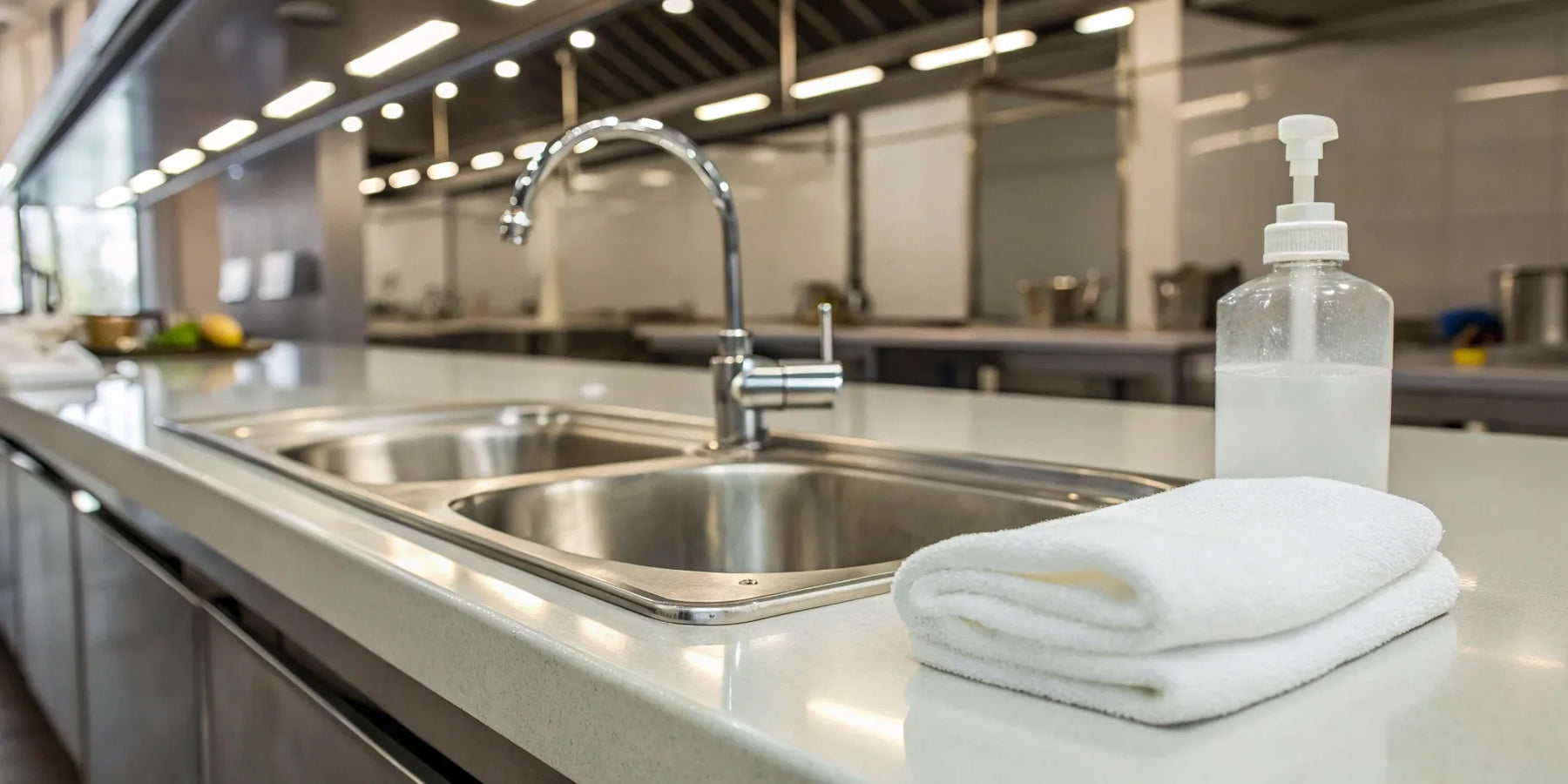 Commercial handwash sink with faucet and soap dispenser.