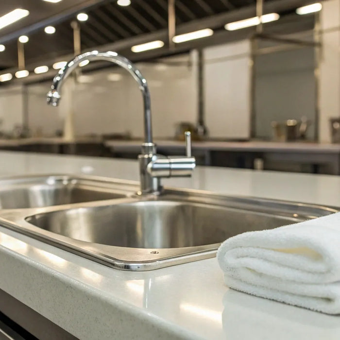 Commercial handwash sink with faucet and soap dispenser.