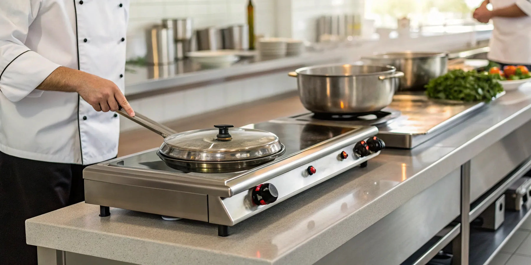 A chef prepares a meal on a countertop commercial hotplate in a restaurant kitchen.