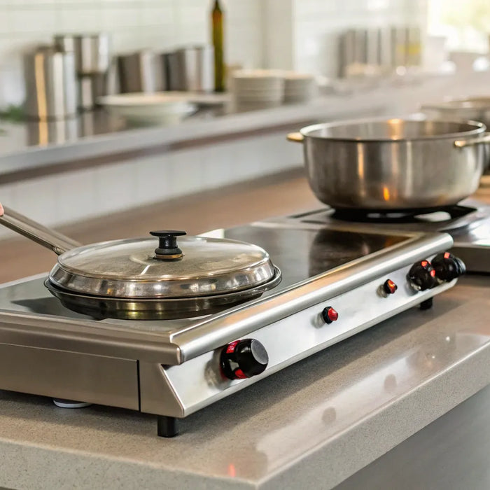 A chef prepares a meal on a countertop commercial hotplate in a restaurant kitchen.