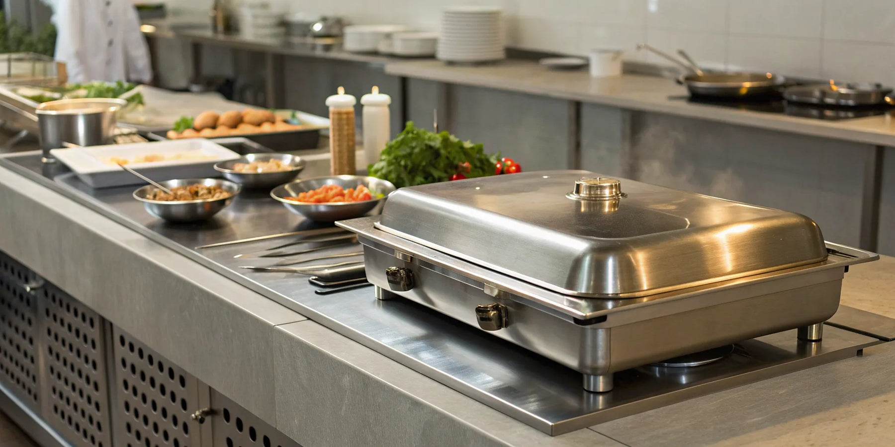 A commercial hotplate on a stainless steel prep table in a restaurant kitchen.