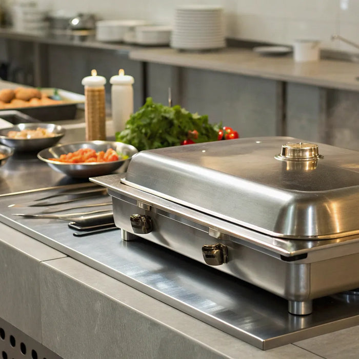 A commercial hotplate on a stainless steel prep table in a restaurant kitchen.