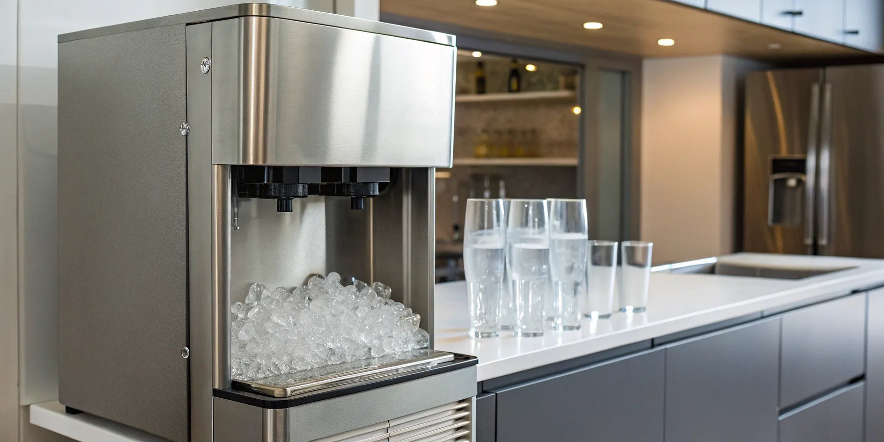 Commercial ice dispenser machine dispensing cubed ice.