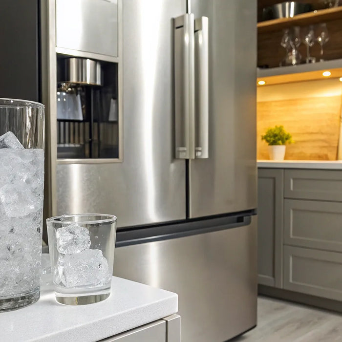 Ice dispenser dispensing ice into glasses.
