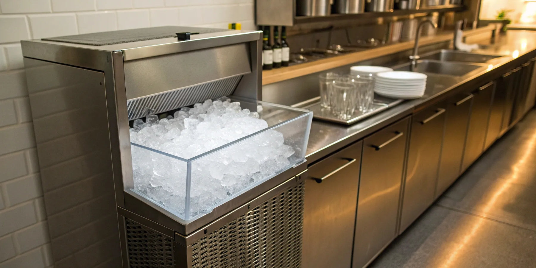 Commercial ice machine dispensing ice cubes.