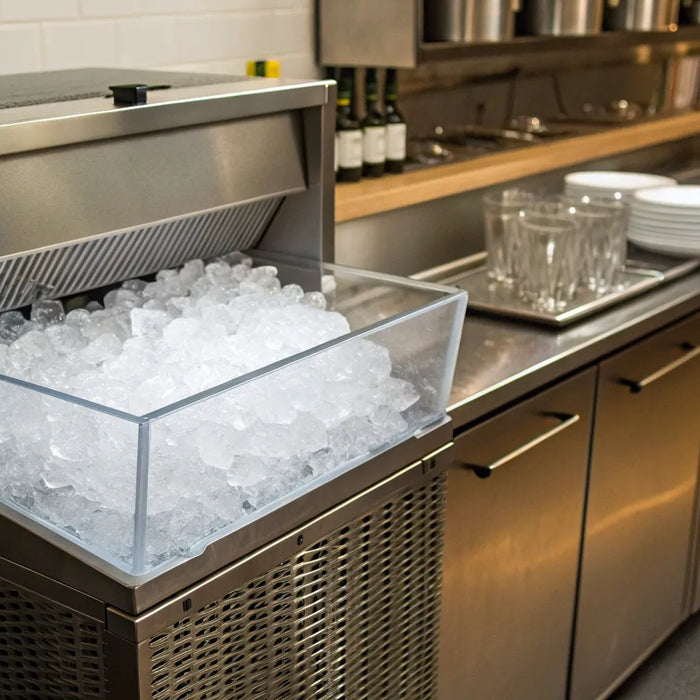 Commercial ice machine dispensing ice cubes.