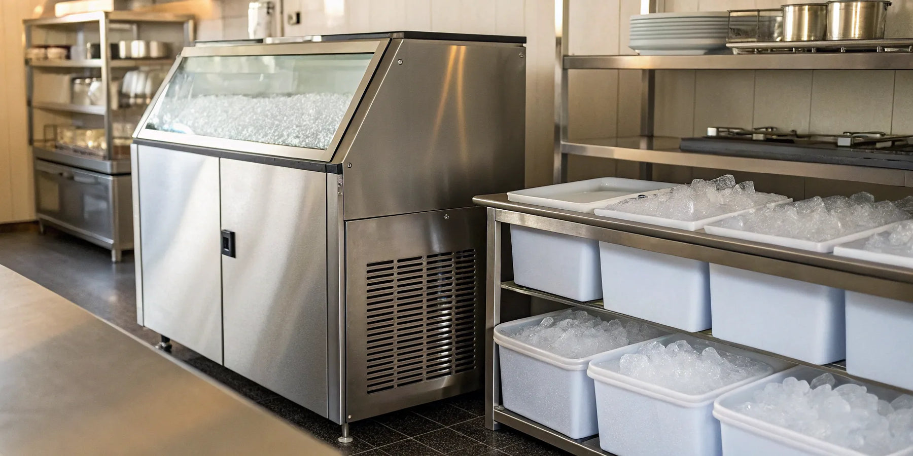 A commercial ice maker producing fresh ice for bins in a restaurant kitchen.
