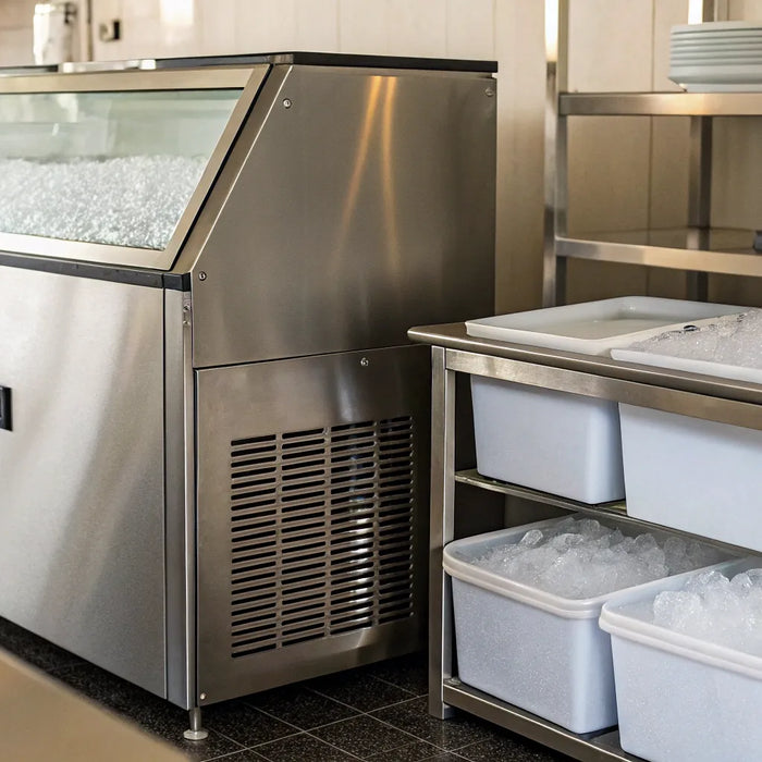 A commercial ice maker producing fresh ice for bins in a restaurant kitchen.