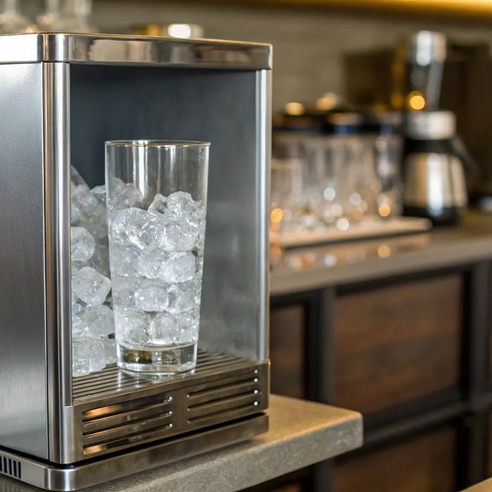 A commercial ice maker for sale dispensing ice into a glass for a business.