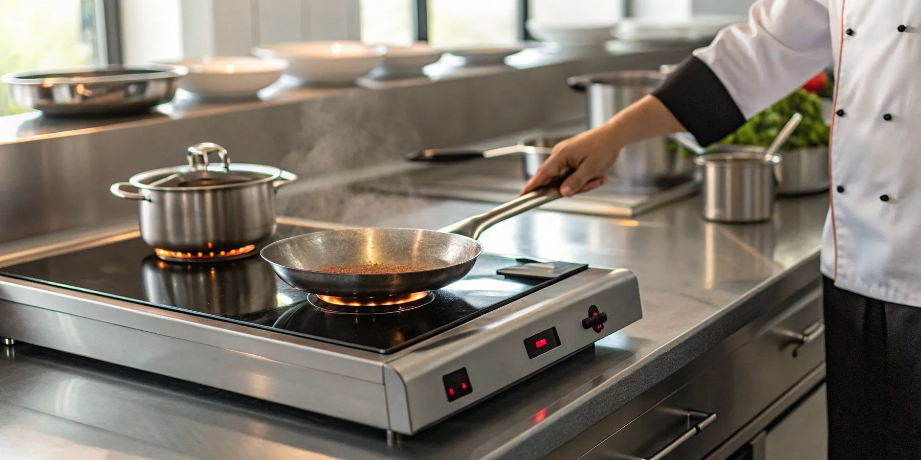 Commercial induction burner in a professional kitchen.