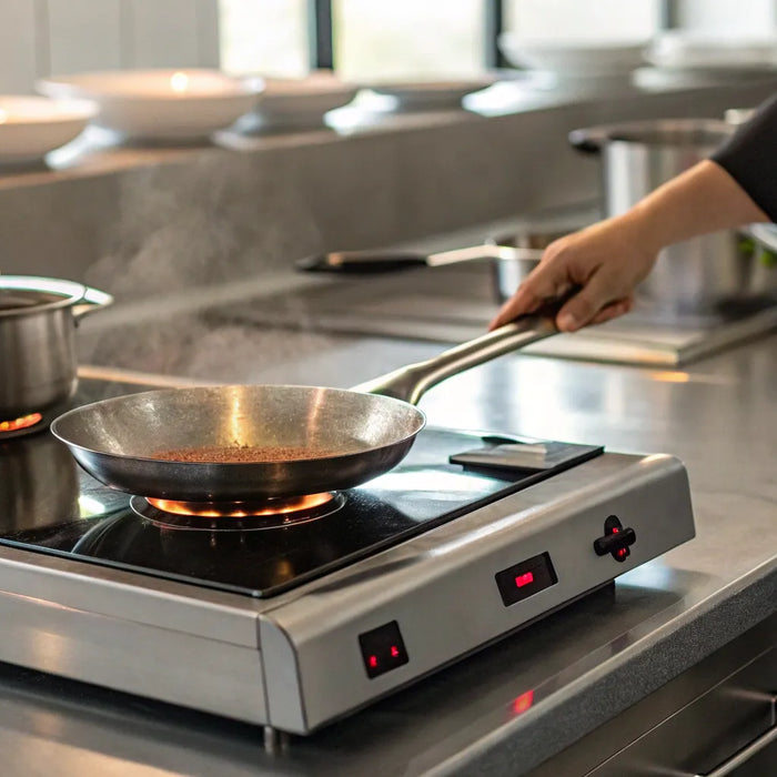 Commercial induction burner in a professional kitchen.