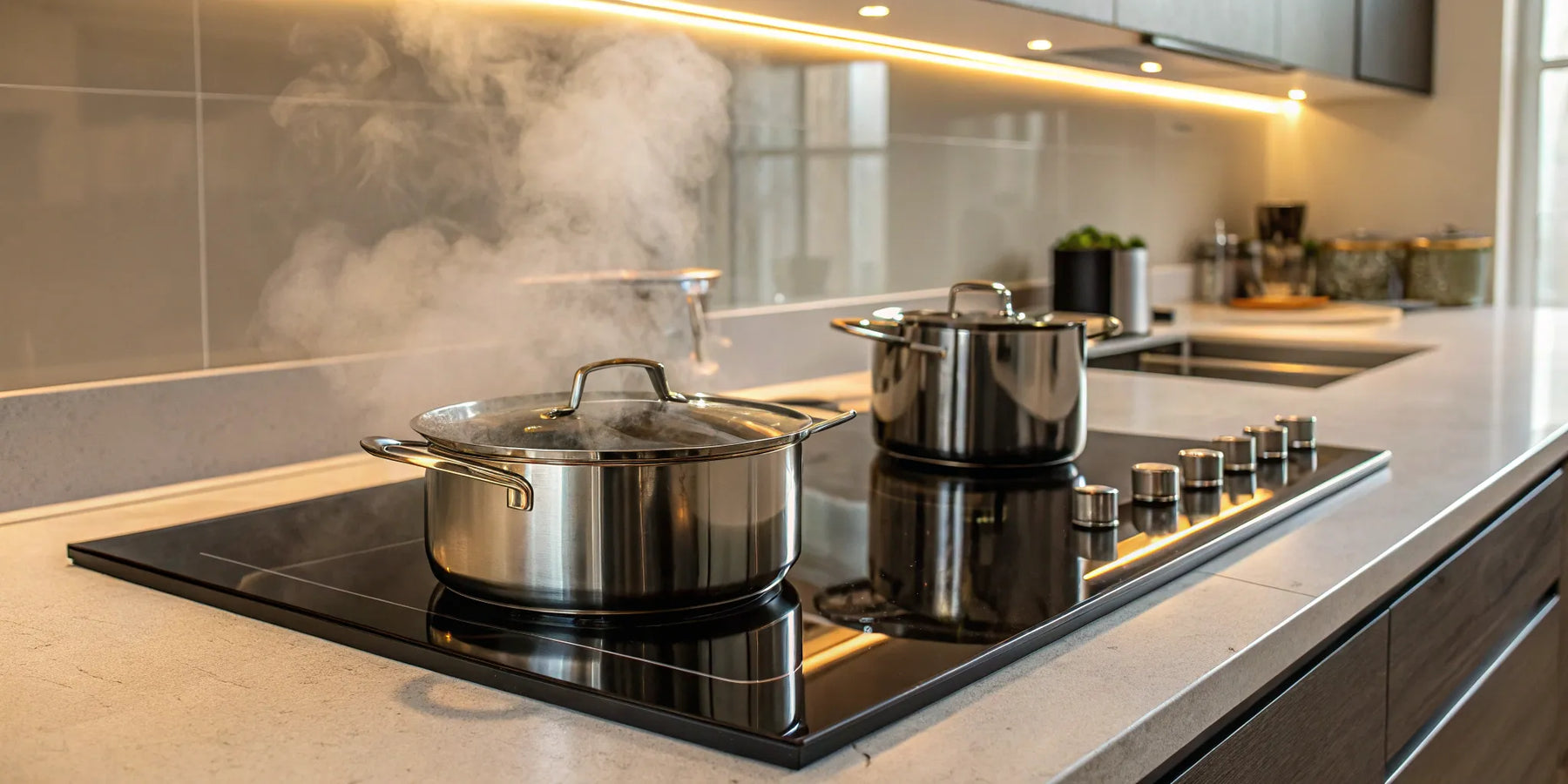 Commercial induction cooktop with steaming pots.