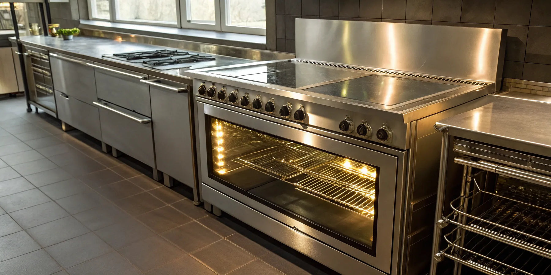 Sleek commercial induction oven in a professional kitchen.