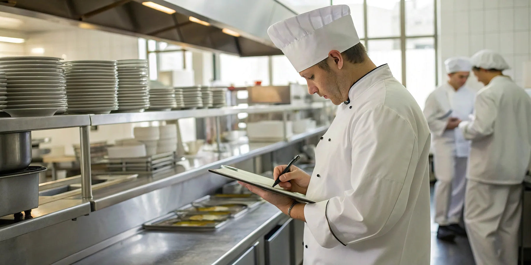 Commercial kitchen chef reviewing safety checklist.