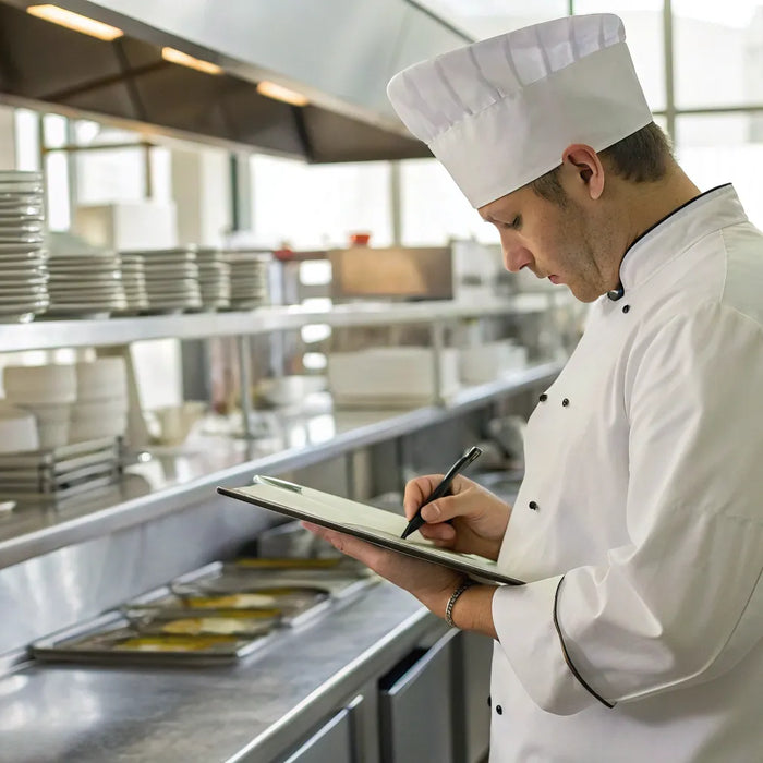Commercial kitchen chef reviewing safety checklist.