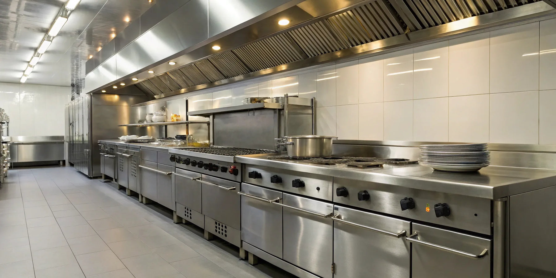 Commercial kitchen stainless steel appliances and countertops.