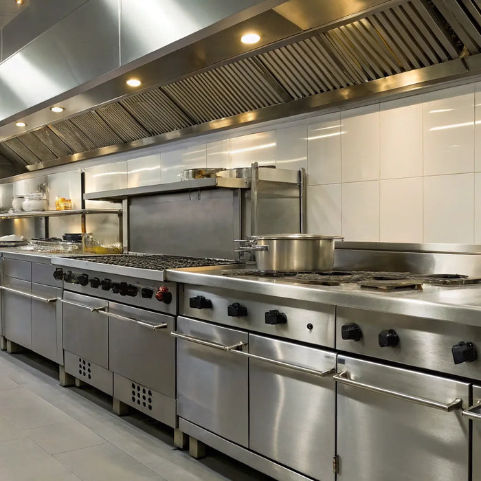 Commercial kitchen stainless steel appliances and countertops.