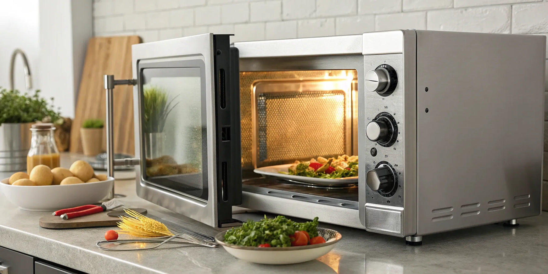 Commercial microwave with open door and food inside.