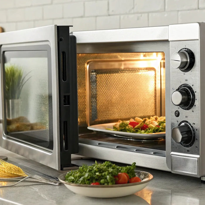 Commercial microwave with open door and food inside.