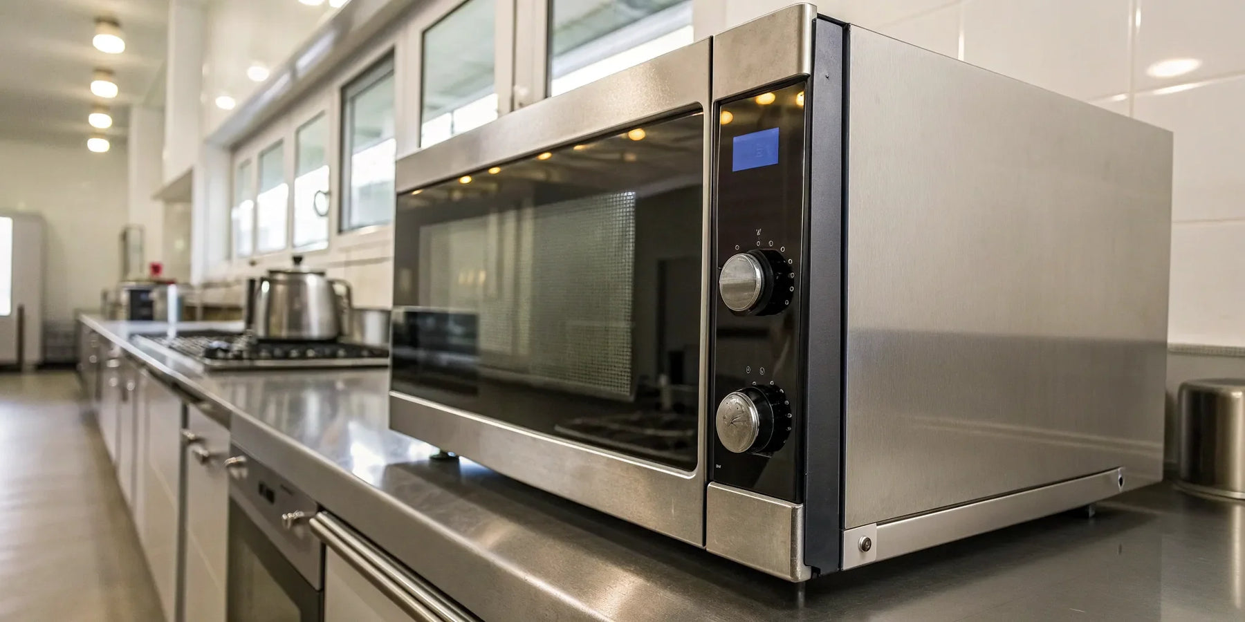 A stainless steel Sharp commercial microwave in a professional restaurant kitchen.