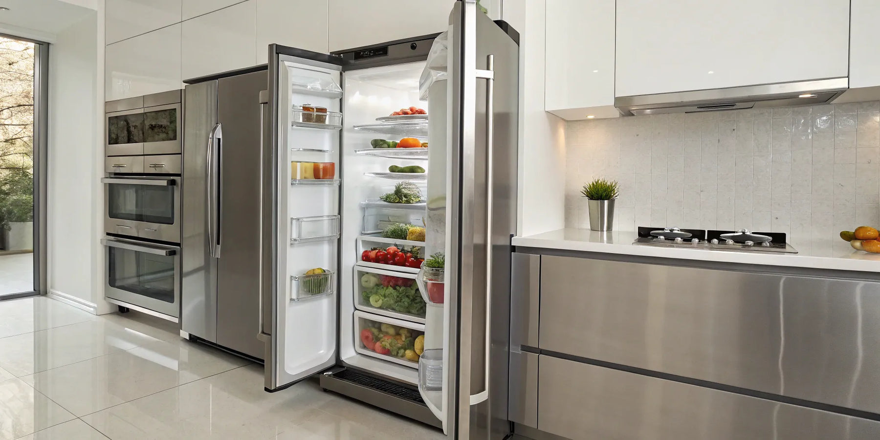 A stainless steel commercial refrigerator in a home kitchen filled with fresh food.