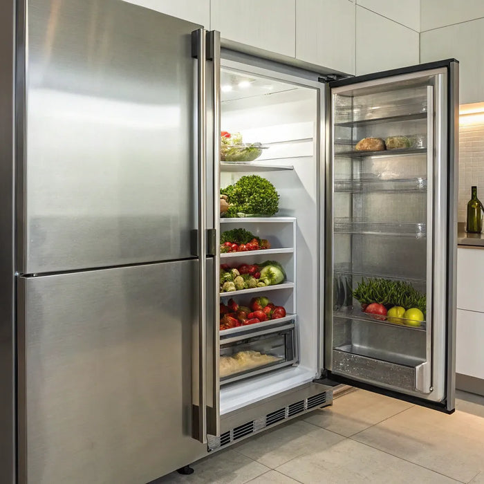 Commercial refrigerator stocked with produce.