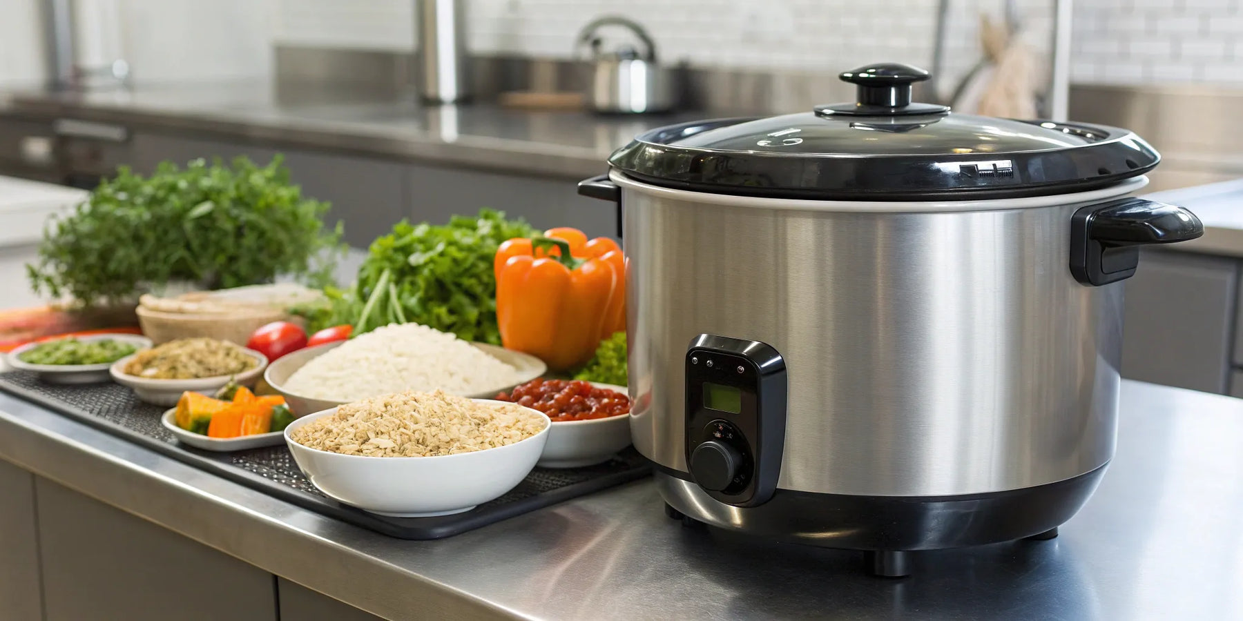 Commercial rice cooker in a restaurant kitchen.